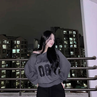 Lettering Numbering Off-Shoulder Oversized Sweatshirt
