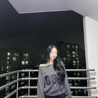 Lettering Numbering Off-Shoulder Oversized Sweatshirt