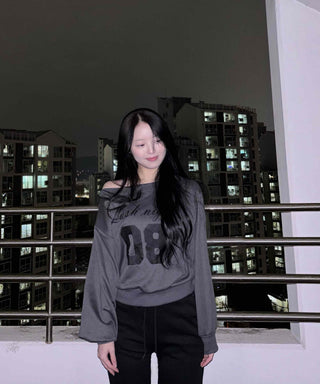 Lettering Numbering Off-Shoulder Oversized Sweatshirt
