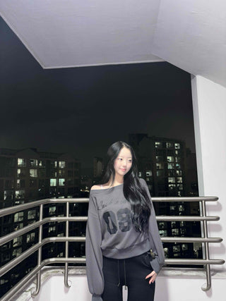 Lettering Numbering Off-Shoulder Oversized Sweatshirt