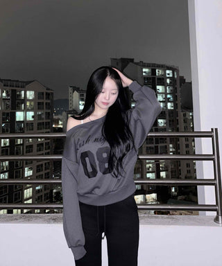 Lettering Numbering Off-Shoulder Oversized Sweatshirt