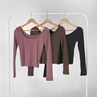 Karin Deep U-Neck Soft Striped T-Shirt
