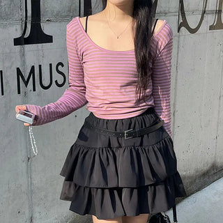 Karin Deep U-Neck Soft Striped T-Shirt