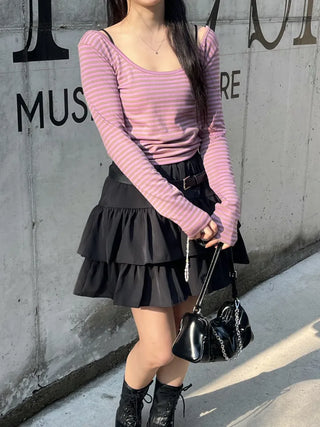 Karin Deep U-Neck Soft Striped T-Shirt