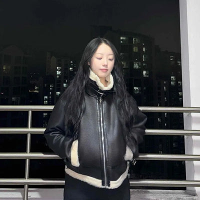 High-neck Buckle Shearling Jacket