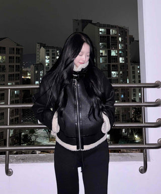 High-neck Buckle Shearling Jacket