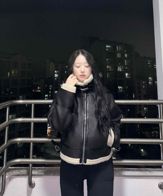 High-neck Buckle Shearling Jacket