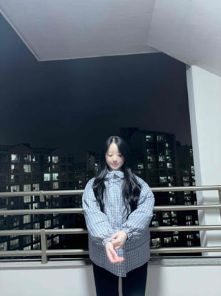 Check volume short quilted padded jacket
