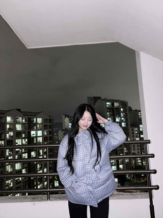 Check volume short quilted padded jacket