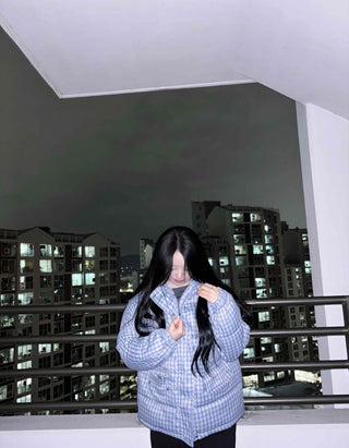 Check volume short quilted padded jacket