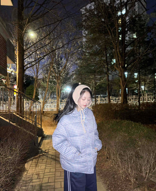 Check volume short quilted padded jacket