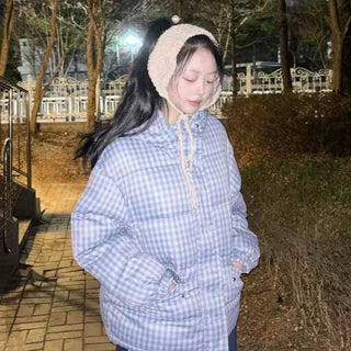 Check volume short quilted padded jacket