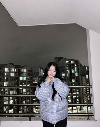 Check volume short quilted padded jacket