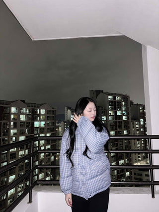 Check volume short quilted padded jacket