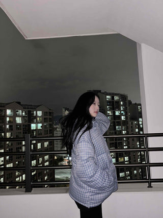 Check volume short quilted padded jacket