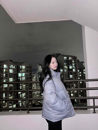 Check volume short quilted padded jacket