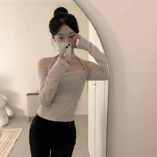 Balletcore Soft Halter Neck Slim Fit Long Sleeve T-shirt