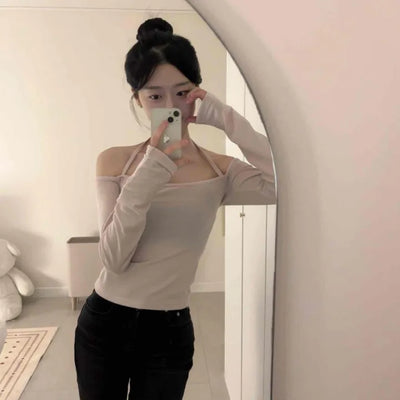Balletcore Soft Halter Neck Slim Fit Long Sleeve T-shirt