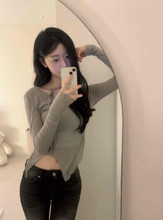 Soft Touch Slim Fit Boat Neck Slit Long Sleeve T-shirt