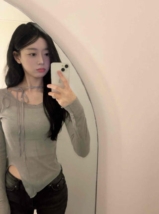 Soft Touch Slim Fit Boat Neck Slit Long Sleeve T-shirt