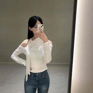 Shoulder Cutout Slim Fit Neck Ribbon Long Sleeve T-shirt
