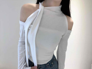 Shoulder Cutout Slim Fit Neck Ribbon Long Sleeve T-shirt