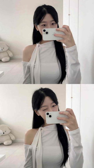 Shoulder Cutout Slim Fit Neck Ribbon Long Sleeve T-shirt