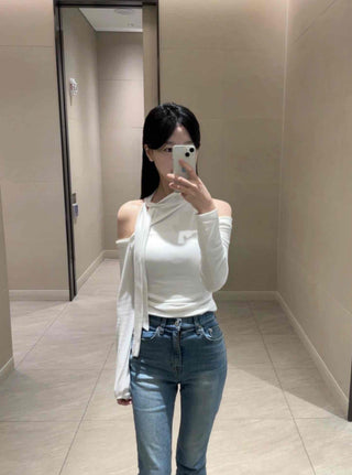 Shoulder Cutout Slim Fit Neck Ribbon Long Sleeve T-shirt