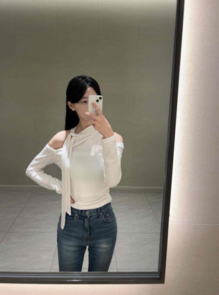 Shoulder Cutout Slim Fit Neck Ribbon Long Sleeve T-shirt