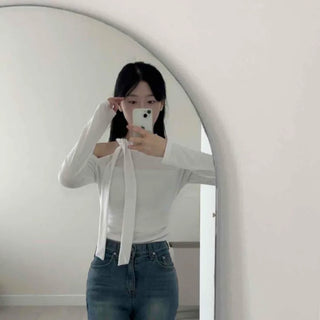 Shoulder Cutout Slim Fit Neck Ribbon Long Sleeve T-shirt