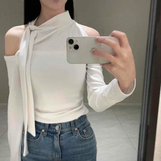 Shoulder Cutout Slim Fit Neck Ribbon Long Sleeve T-shirt