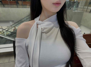 Shoulder Cutout Slim Fit Neck Ribbon Long Sleeve T-shirt