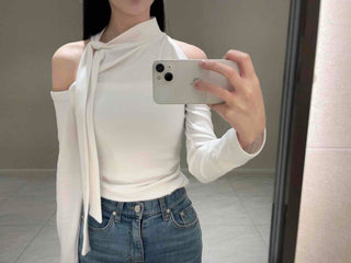 Shoulder Cutout Slim Fit Neck Ribbon Long Sleeve T-shirt