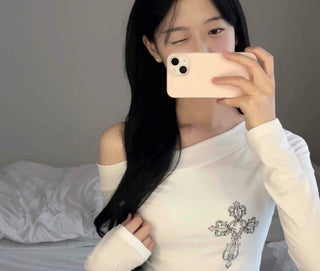 Cross Detail One-Off Shoulder T-Shirt