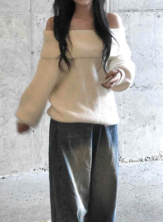 Folding Off-Shoulder Ribbed Knit