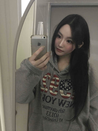 New York American Flag Oversized Fleece-Lined Hoodie