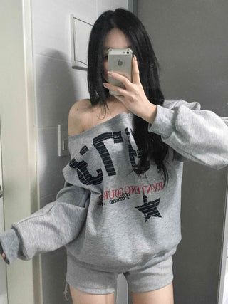 Vintage Print Off-Shoulder Fleece-Lined Sweatshirt