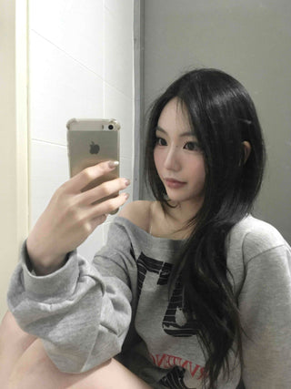 Vintage Print Off-Shoulder Fleece-Lined Sweatshirt