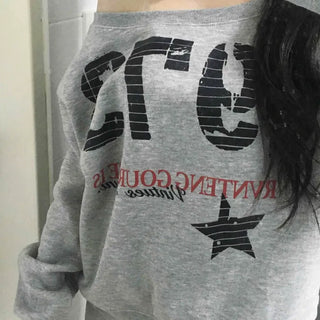 Vintage Print Off-Shoulder Fleece-Lined Sweatshirt