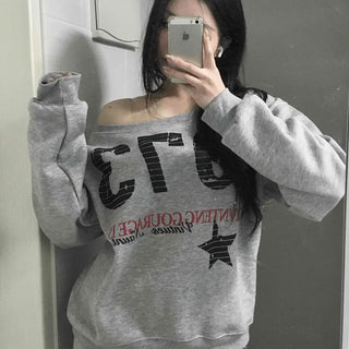 Vintage Print Off-Shoulder Fleece-Lined Sweatshirt