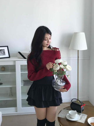 Slim Fit Ribbed Knit with Shoulder Ribbon Detail