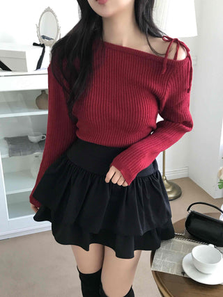 Slim Fit Ribbed Knit with Shoulder Ribbon Detail