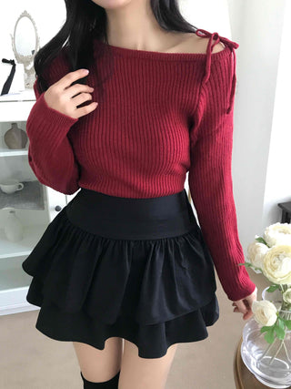 Slim Fit Ribbed Knit with Shoulder Ribbon Detail