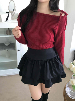 Slim Fit Ribbed Knit with Shoulder Ribbon Detail