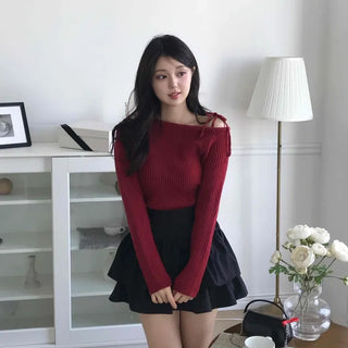 Slim Fit Ribbed Knit with Shoulder Ribbon Detail