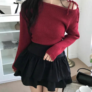 Slim Fit Ribbed Knit with Shoulder Ribbon Detail