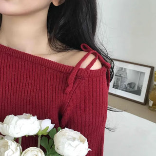 Slim Fit Ribbed Knit with Shoulder Ribbon Detail