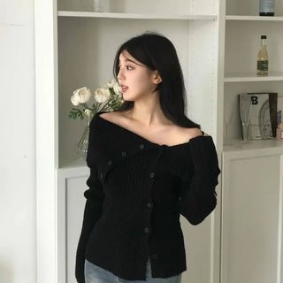 Off-shoulder Button Ribbed Cardigan
