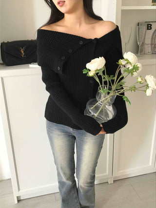 Off-shoulder Button Ribbed Cardigan