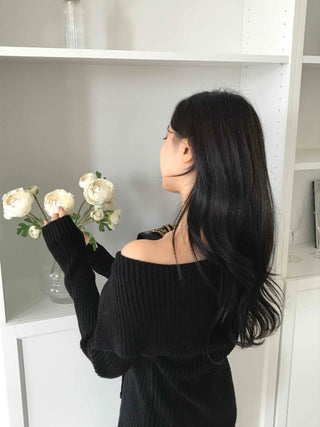 Off-shoulder Button Ribbed Cardigan